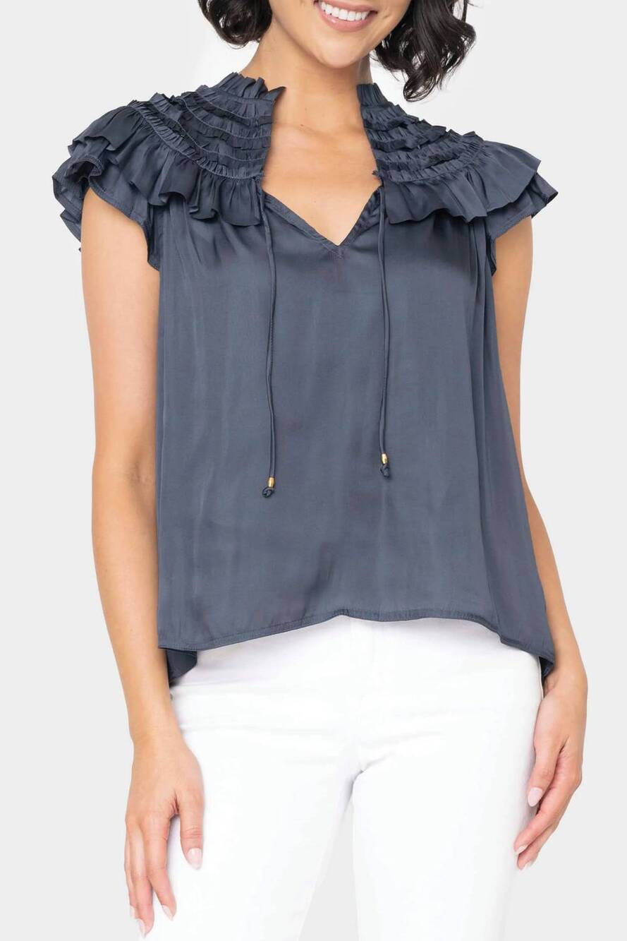 NEW RESET BY JANE ruffled yoke crinkle blouse in navy